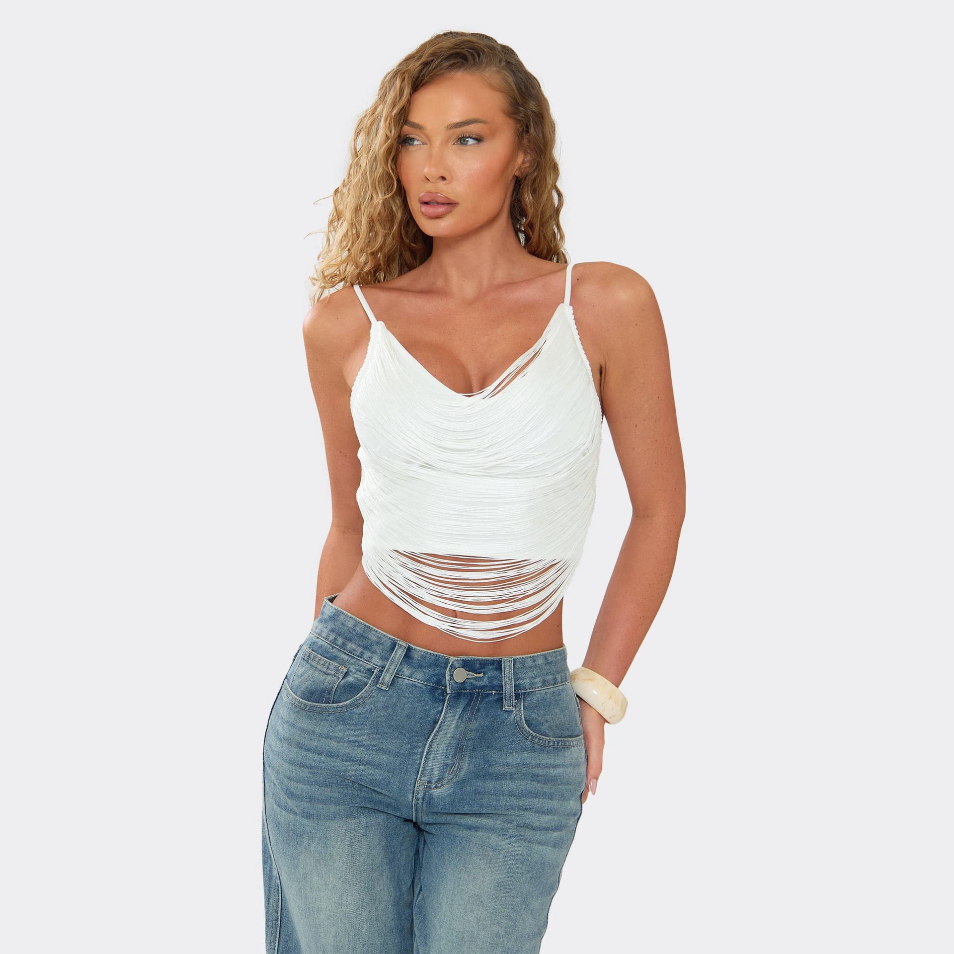 EGO Strappy Fringe Cowl Neck Top In White, Women's Size UK M/L