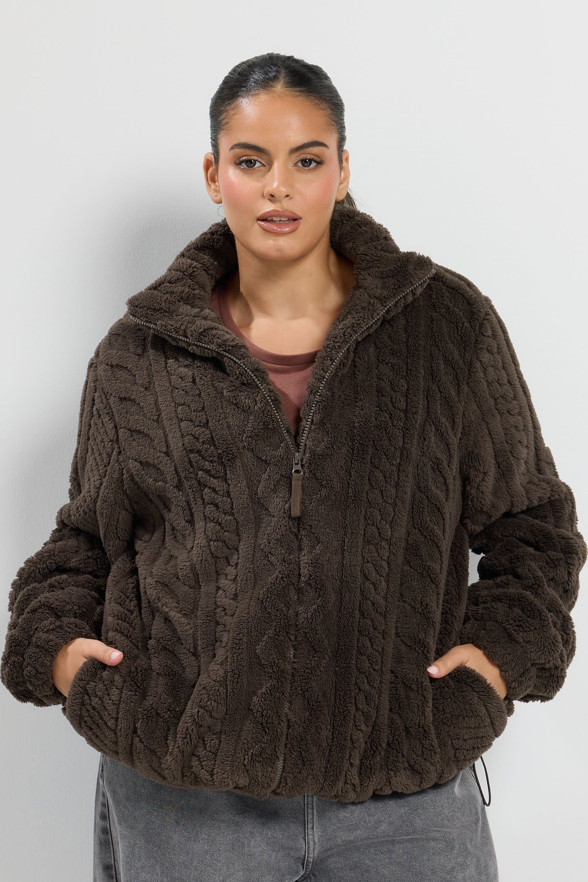 Yours Plus Size Chocolate Brown Textured Zip Through Fleece