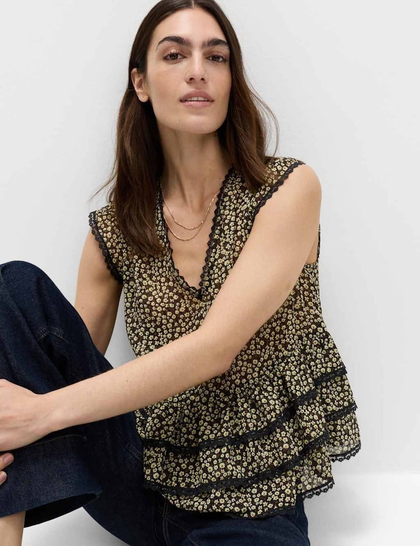 Marks & Spencer M&S Ditsy Floral V-Neck Ruffle Top Black Mix - 1