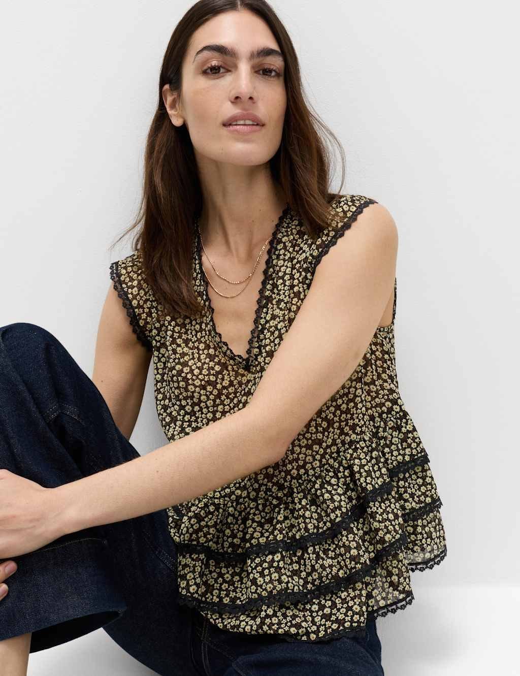 Marks & Spencer M&S Ditsy Floral V-Neck Ruffle Top Black Mix - 1