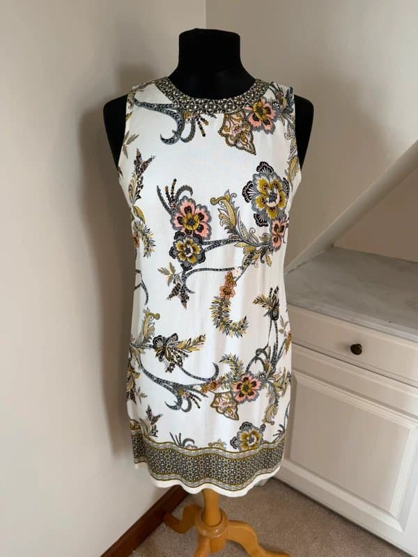 Wallis Wallis Boho Viscose White Gold Multi Colour Floral Pattern Shift Dress Size 8 Vintage Designer