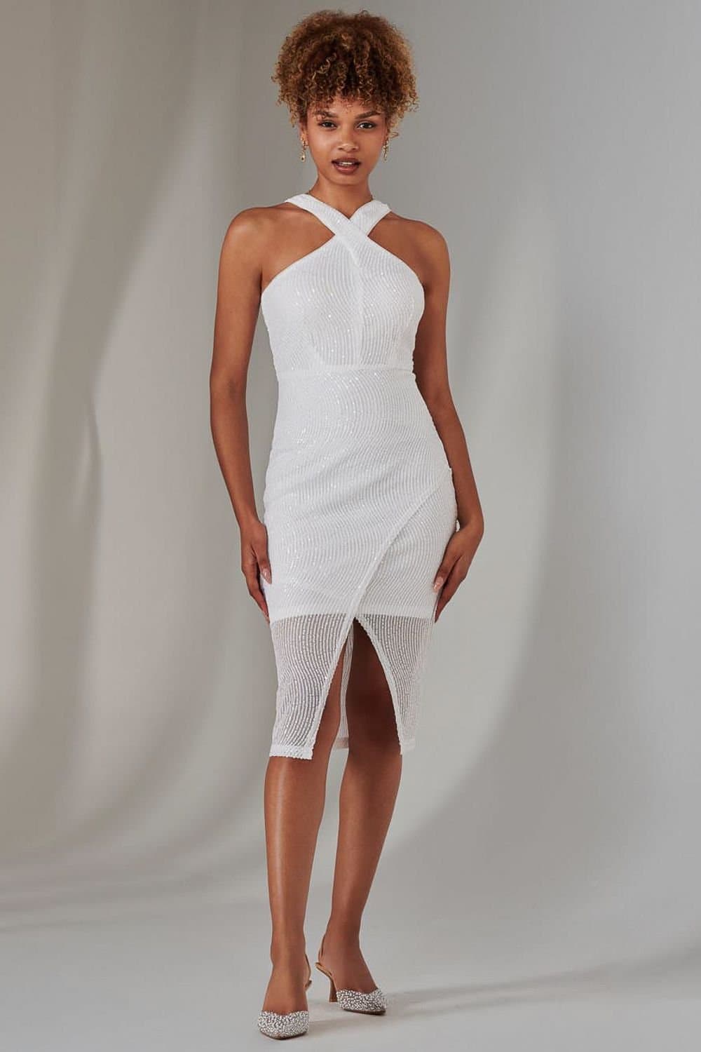 Jolie Moi Jolie Moi Women's Cross Neck Slit Bodycon Dress in White