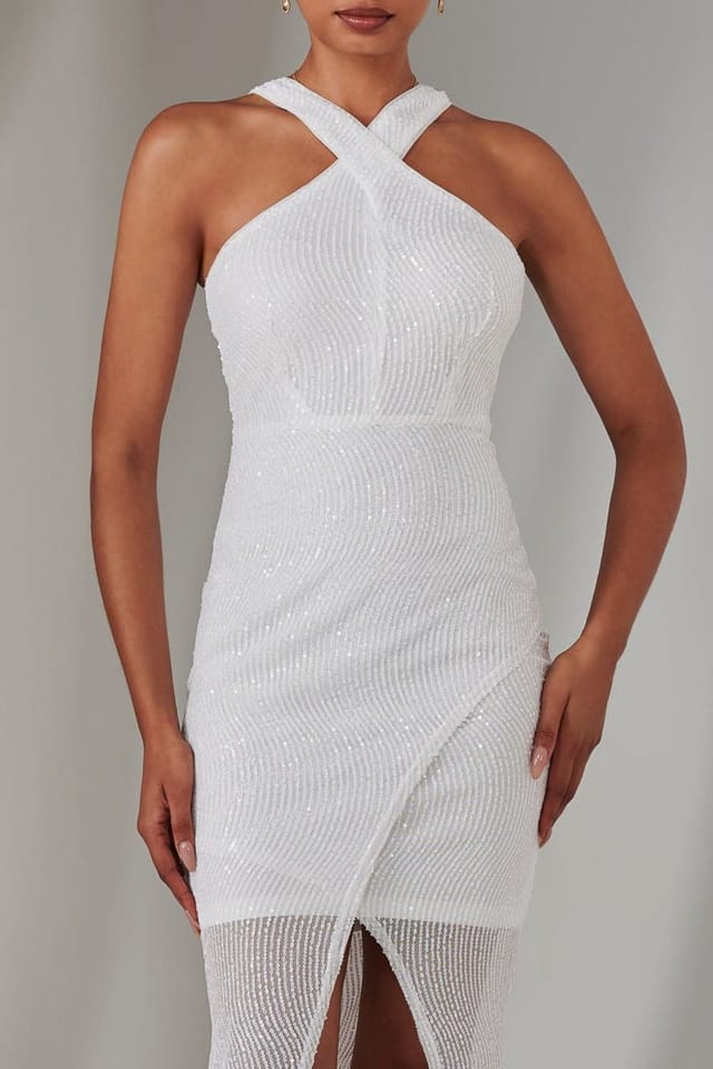 Jolie Moi Jolie Moi Women's Cross Neck Slit Bodycon Dress in White - 3