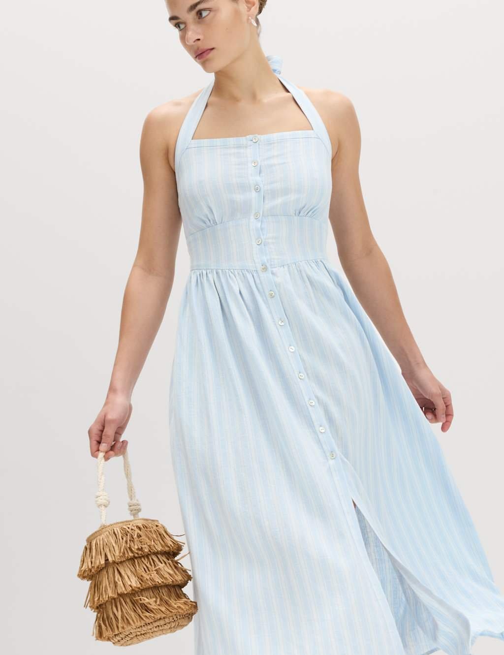 M&S Linen Rich Halterneck Maxi Dress Blue Mix