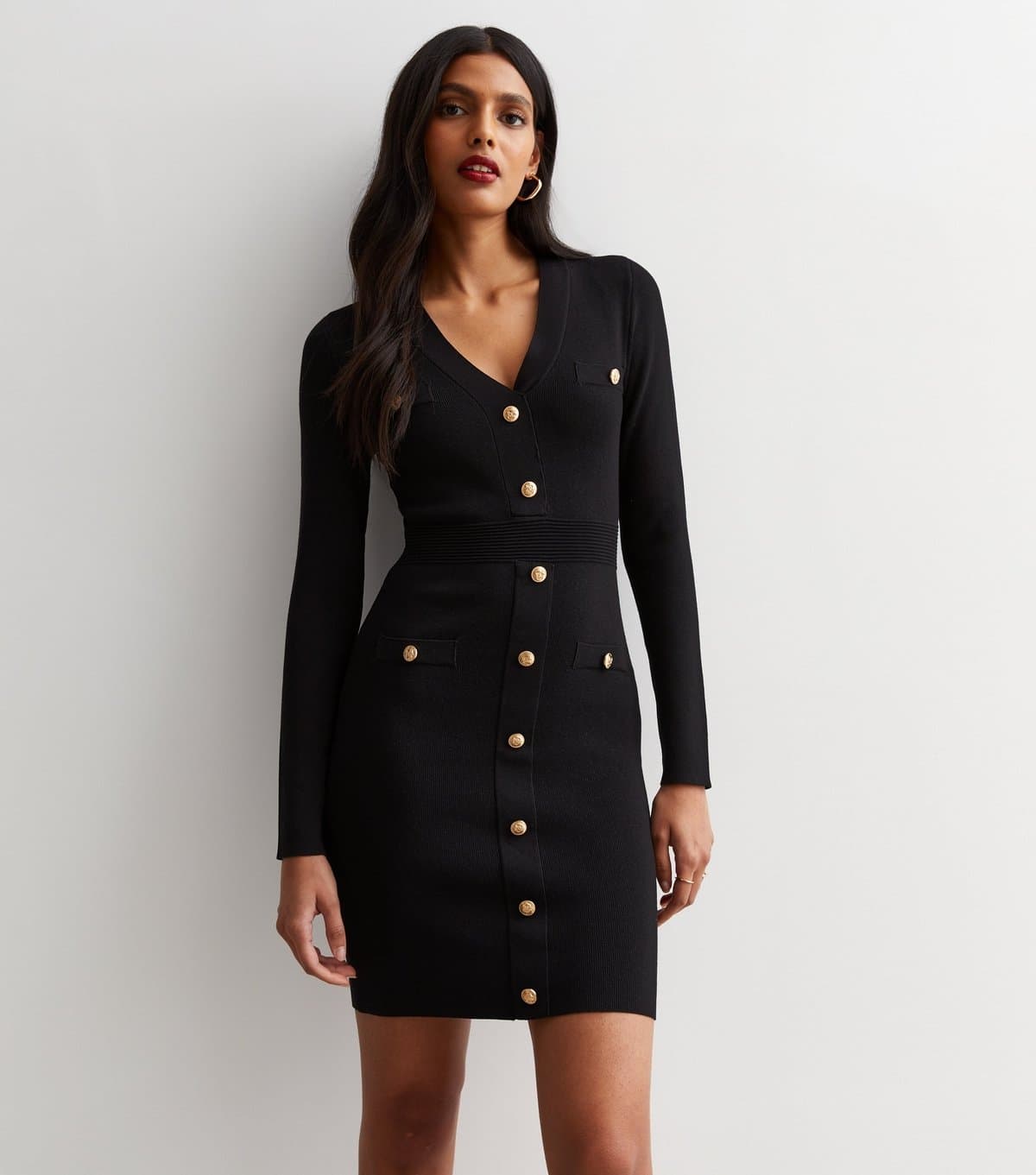 New Look Women's Black Long Sleeve Button Front Bodycon Mini Dress New Look