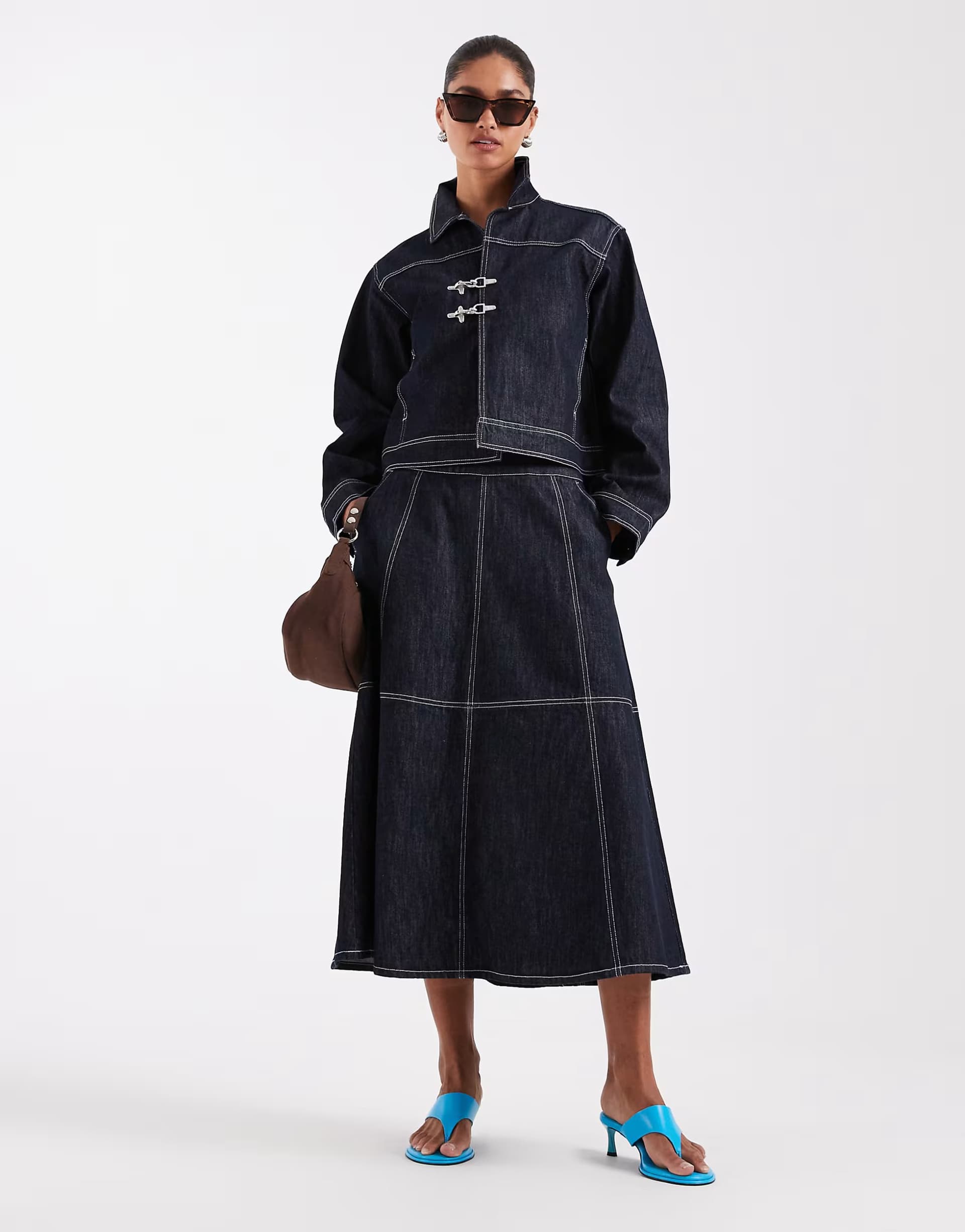 ASOS JJXX midi contrast stitch denim midaxi skirt in dark blue