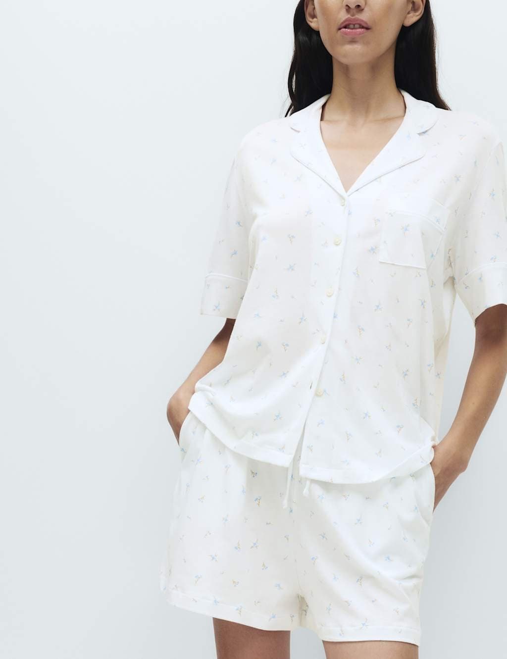 Marks & Spencer M&S Cotton Modal Printed Revere Shortie Set White Mix