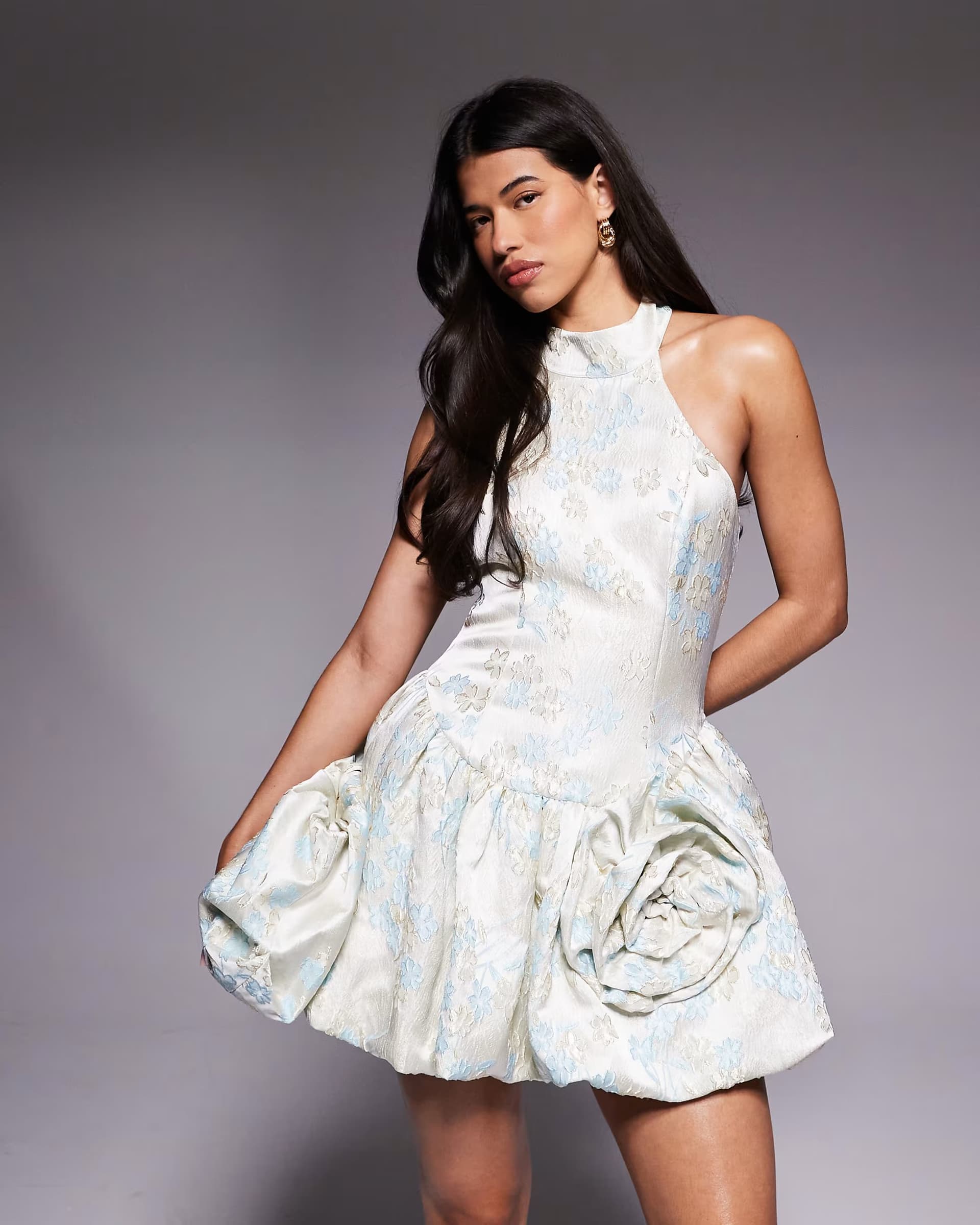 ASOS ASOS LUXE jacquard mini dress with bubble hem with tie neck in white & blue