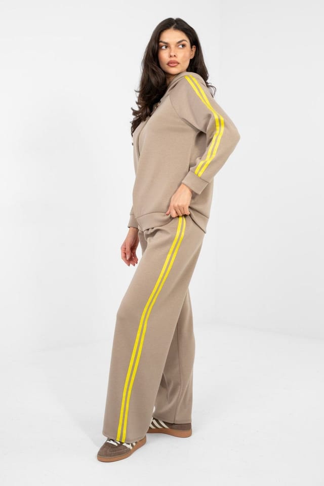 Love Lace Love Lace Women's Striped Hooded Zip Tracksuit Set with Pockets in Beige - 2