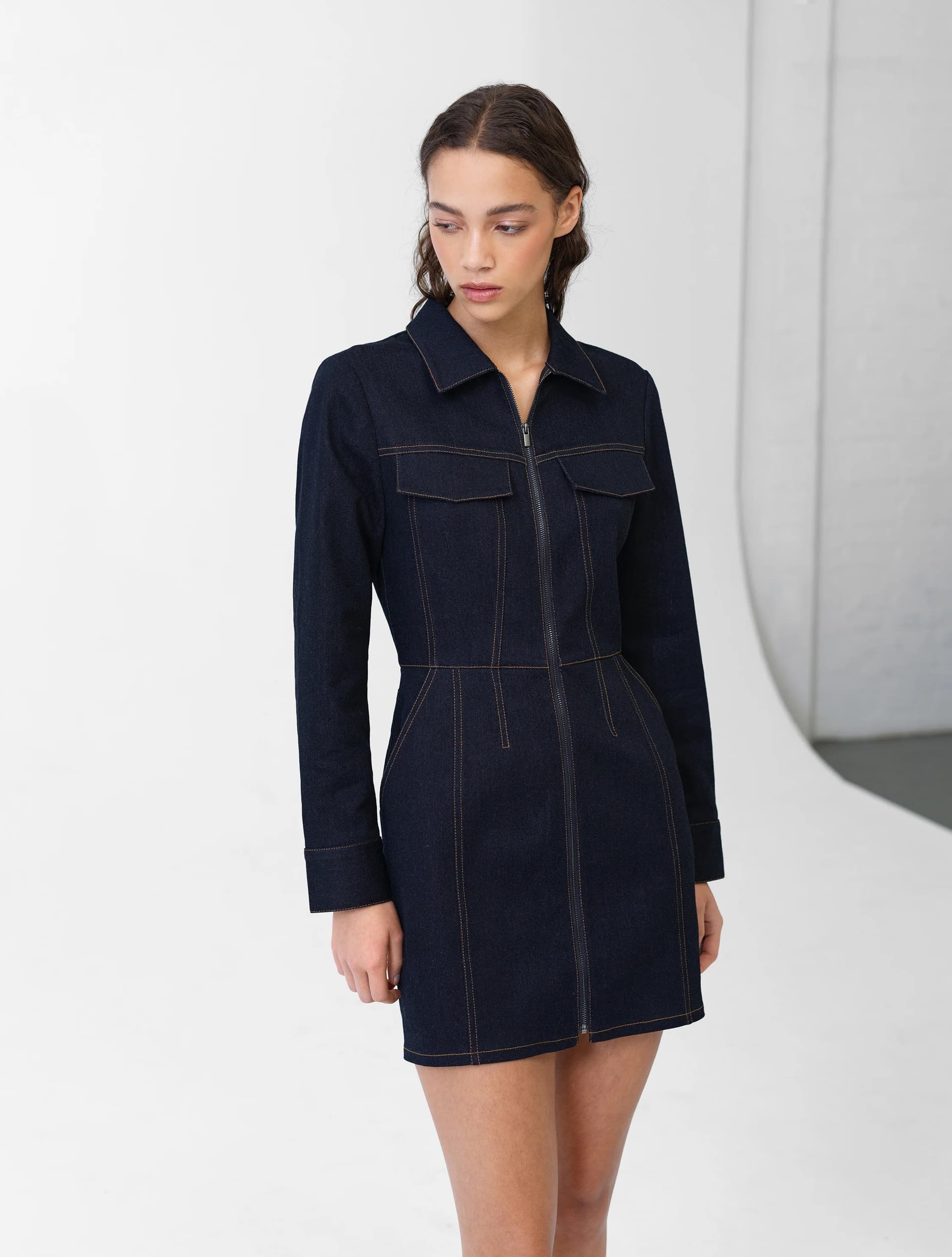 French Connection Yami Raw Wash Denim Zip Through Dress Raw Indigo