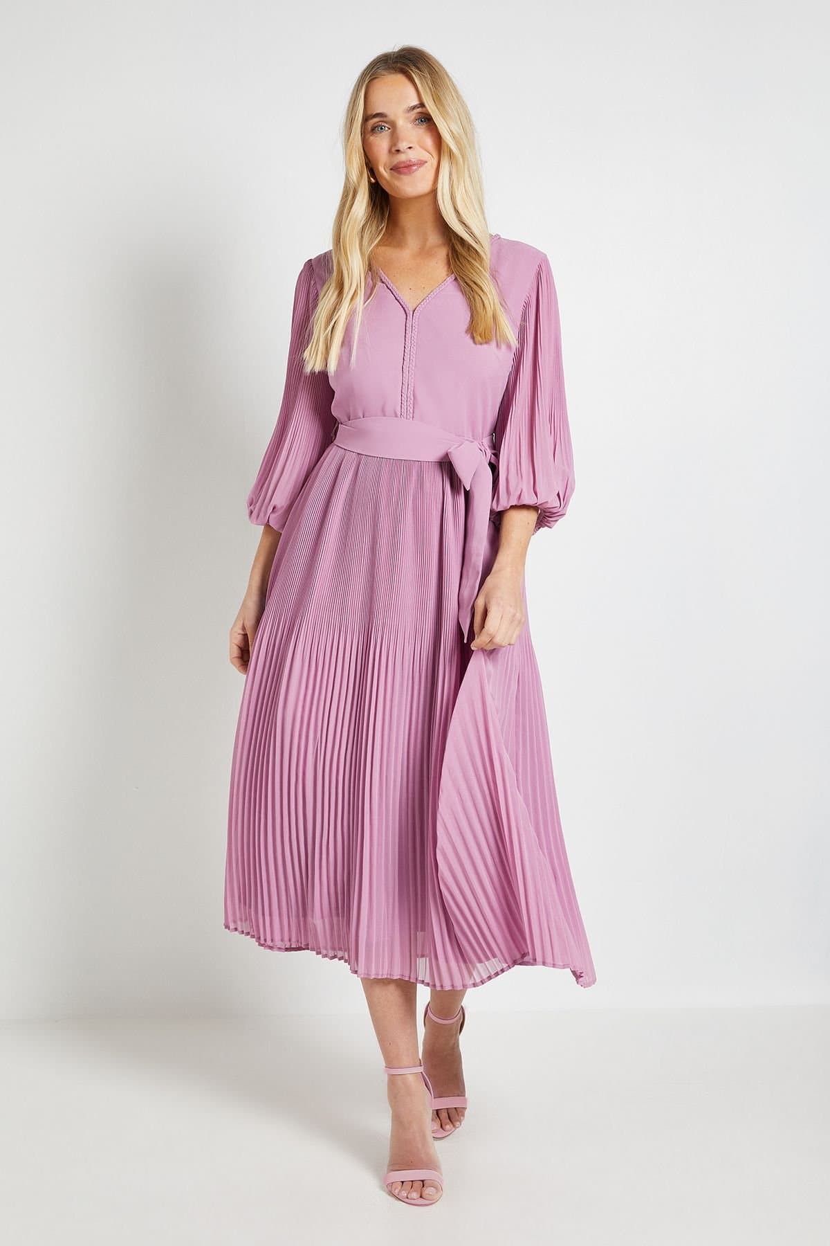 Wallis Wallis Women's Petite Chiffon Plait Detail Pleated Midi Dress in Lilac