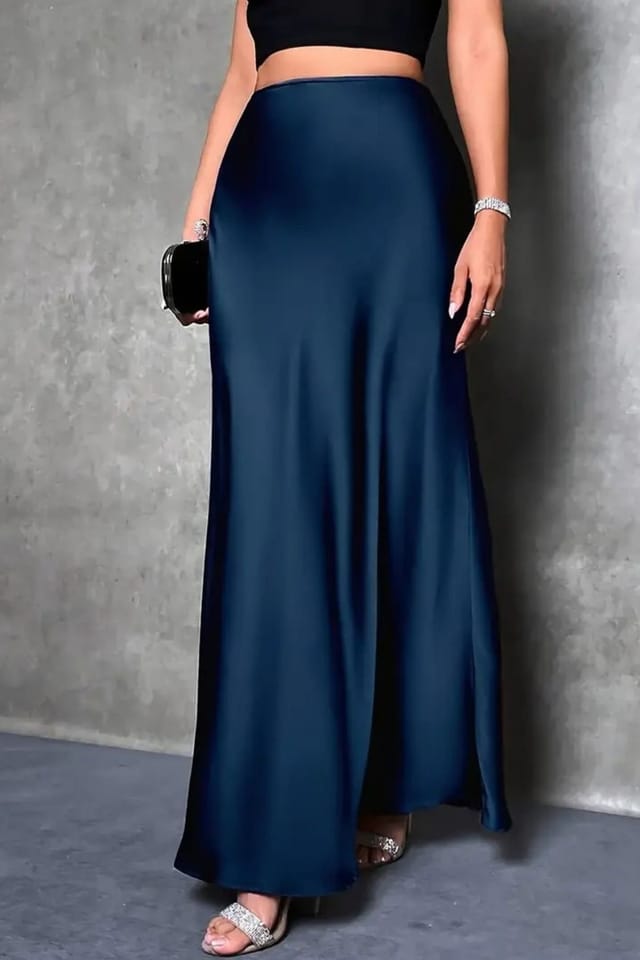 Lovii Lovii Women's High Waist Satin Maxi Skirt-Elegant Flowy Long Skirt Navy - 2