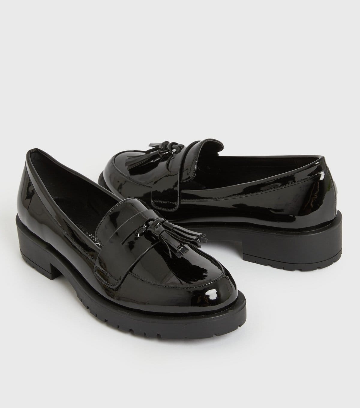 New Look Women's Black Patent Tassel Chunky Loafers Vegan New Look - 4