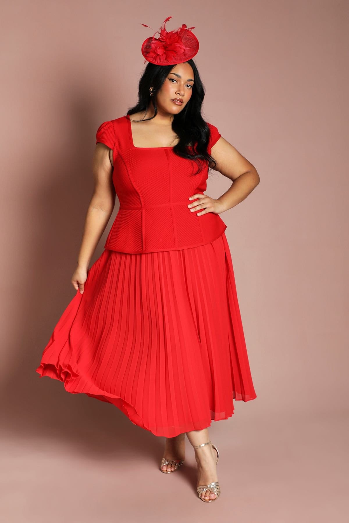 Coast Coast Women's Plus Cap Sleeve Bandage Bodice Pleated Skirt Midi Dress in Red - 1