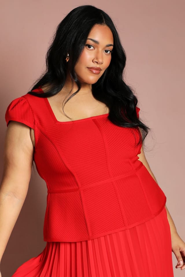 Coast Coast Women's Plus Cap Sleeve Bandage Bodice Pleated Skirt Midi Dress in Red - 2