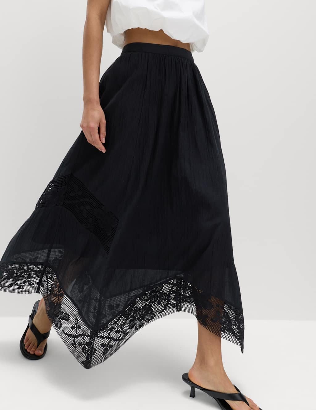 Marks & Spencer M&S Pure Cotton Lace Maxi Circle Skirt Black - 1