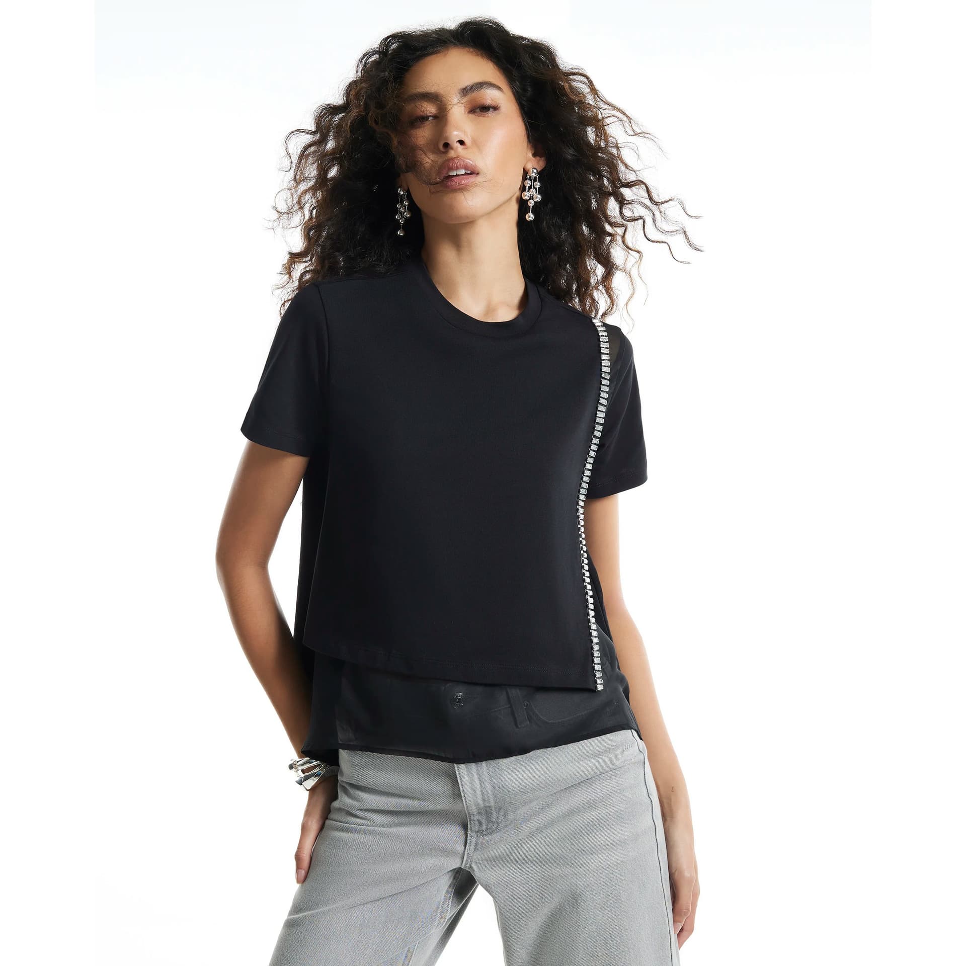River Island River Island Womens Black Diamante Trim Hybrid T-Shirt