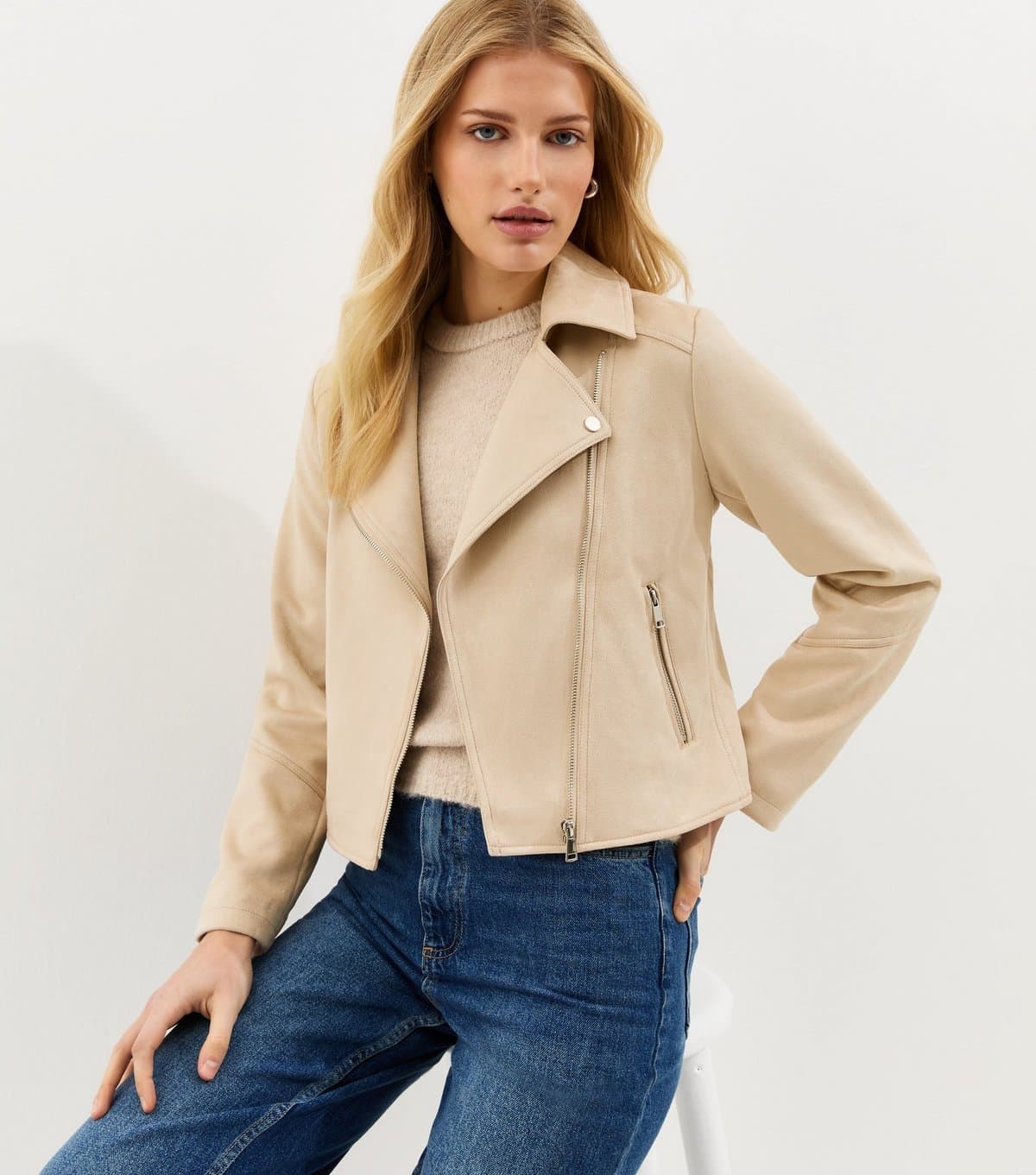 New Look Women's Stone Faux Suede Biker Jacket New Look