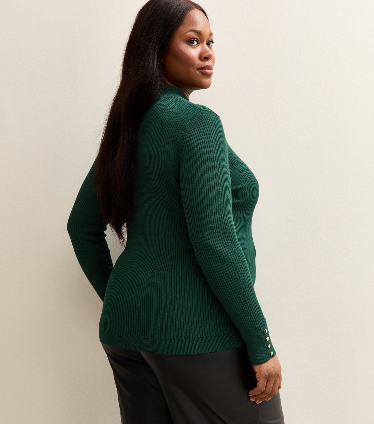 New Look Women's Plus Size Dark Green Ribbed Button Detail Top Curves New Look - 4