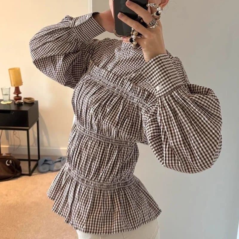 ASOS Shirred ruched gingham gathered boat neck blouse balloon sleeves brown & white s #gingham