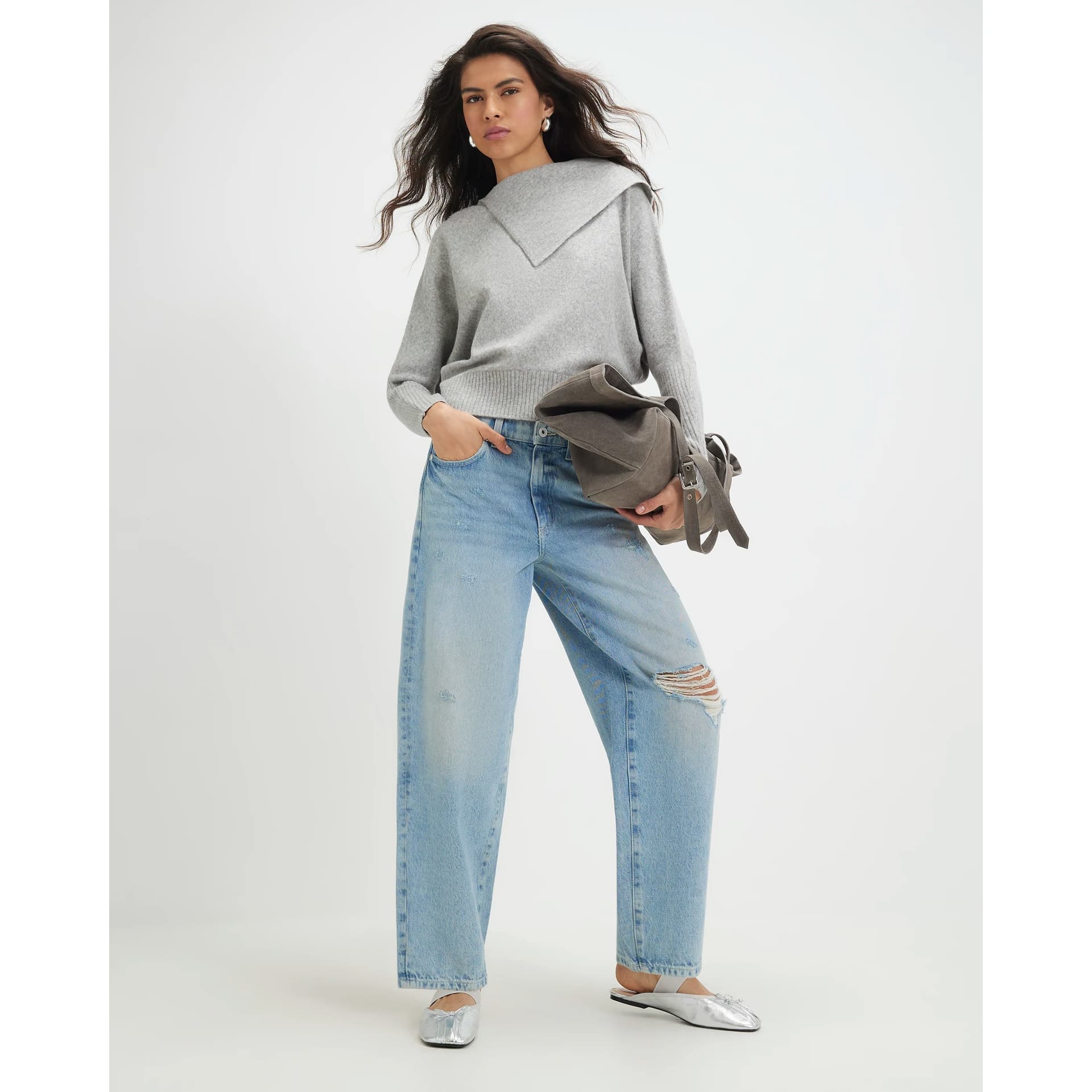 River Island River Island Womens Beige Knitted Fold Neck Jumper