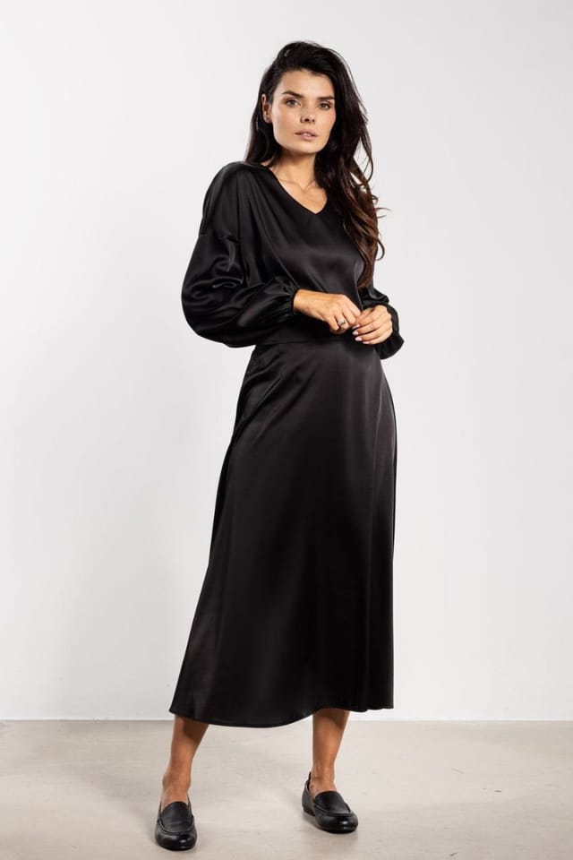 Love Lace Love Lace Women's Elegant Satin V Neck Loose Blouse in Black - 2