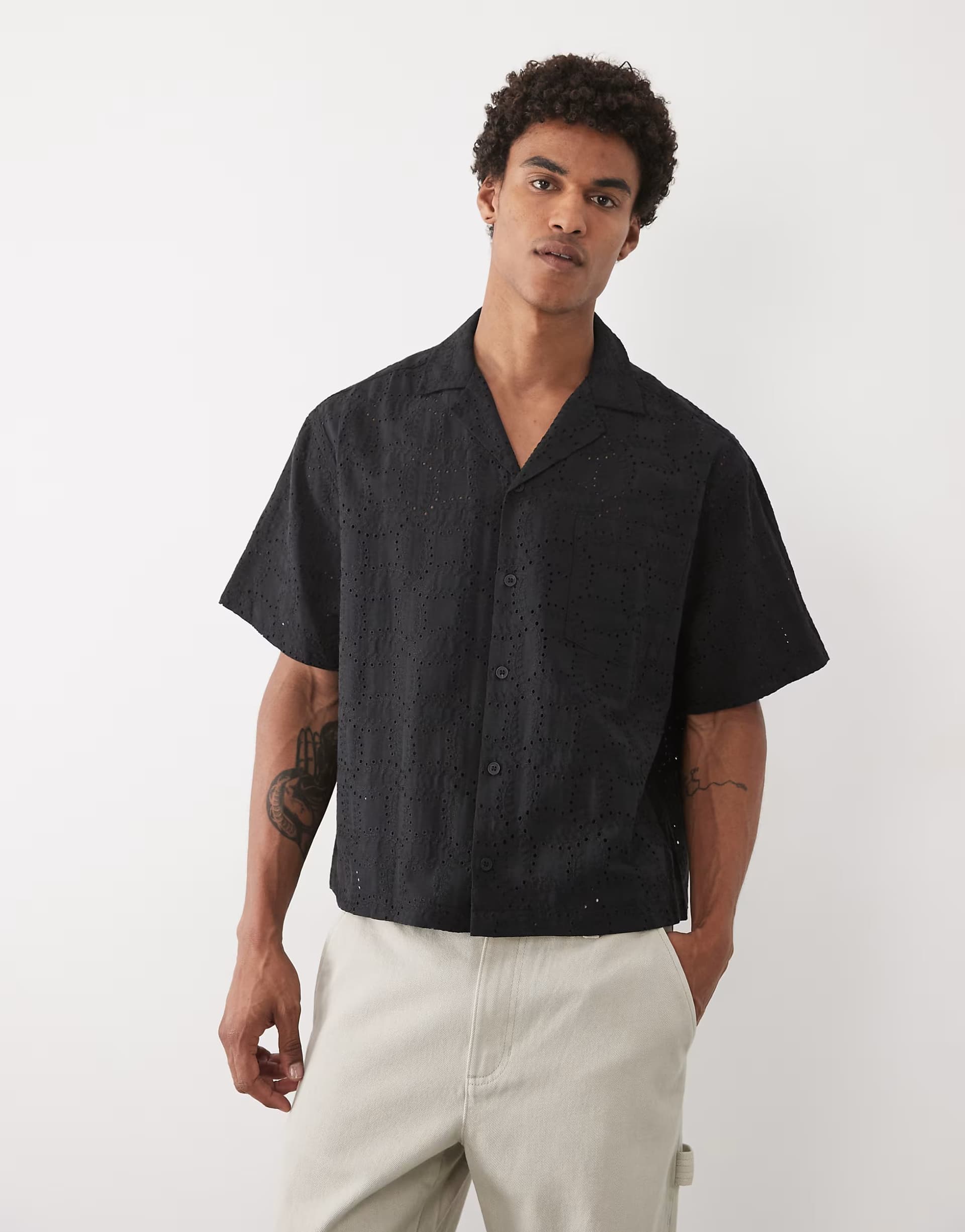 ASOS ASOS DESIGN boxy oversized revere broderie shirt in black