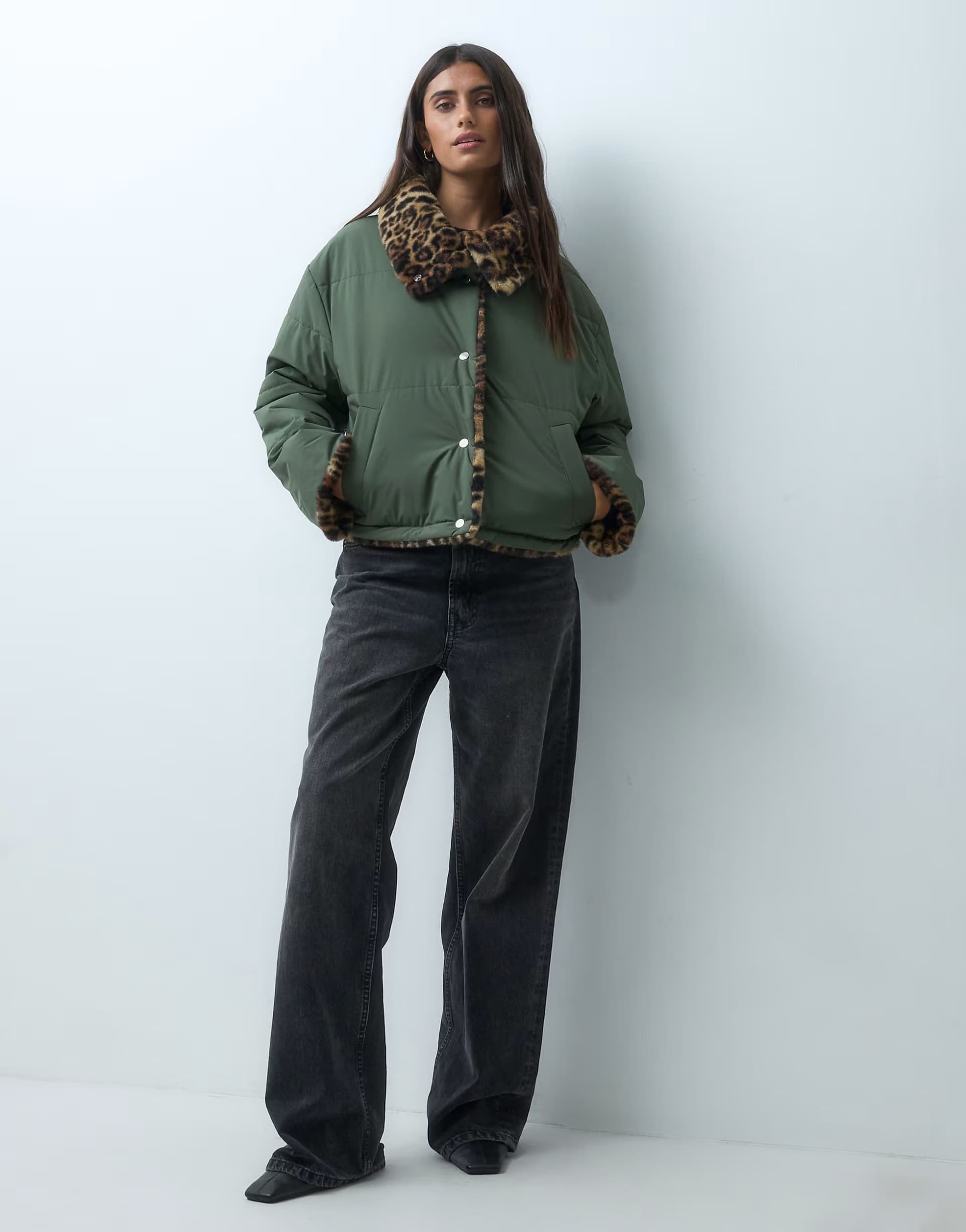 ASOS Noisy May reversible jacket with oversized collar in khaki and leopard print