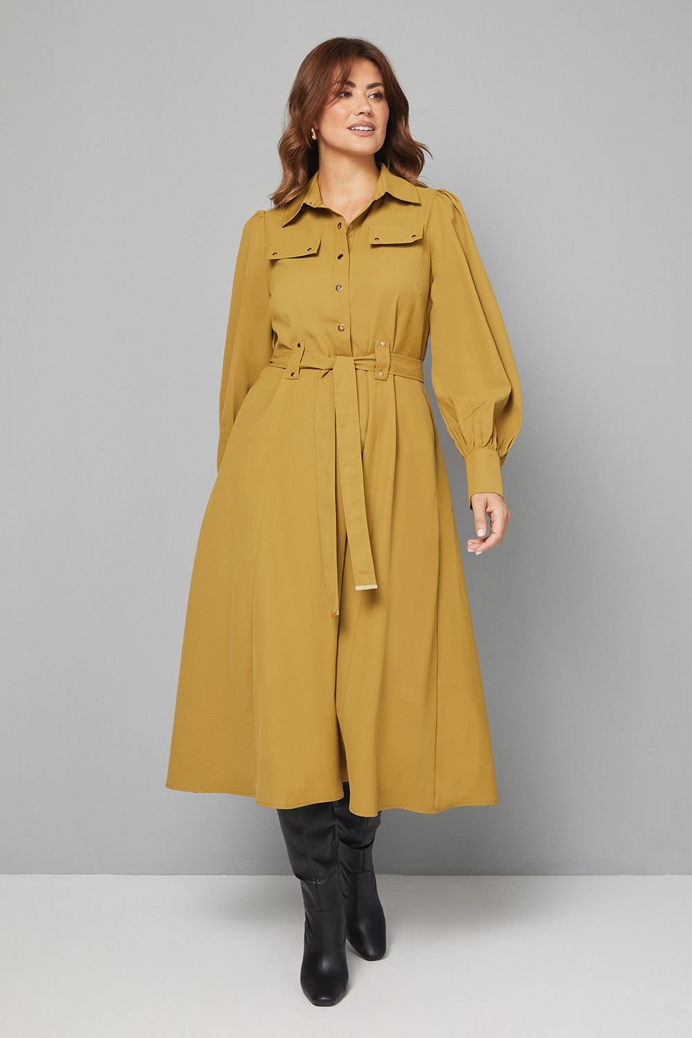 Wallis Wallis Women's Crepe Pocket Detail Belted Midi Dress in Chartreuse - 2