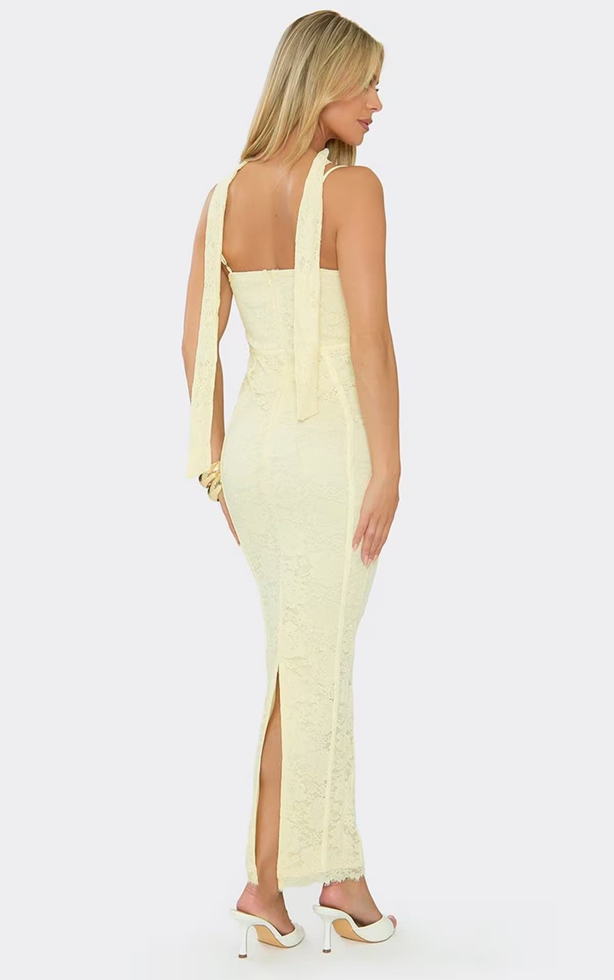 EGO Strappy Scarf Neck Detail Midi Dress In Lemon Lace., Women's Size UK 6