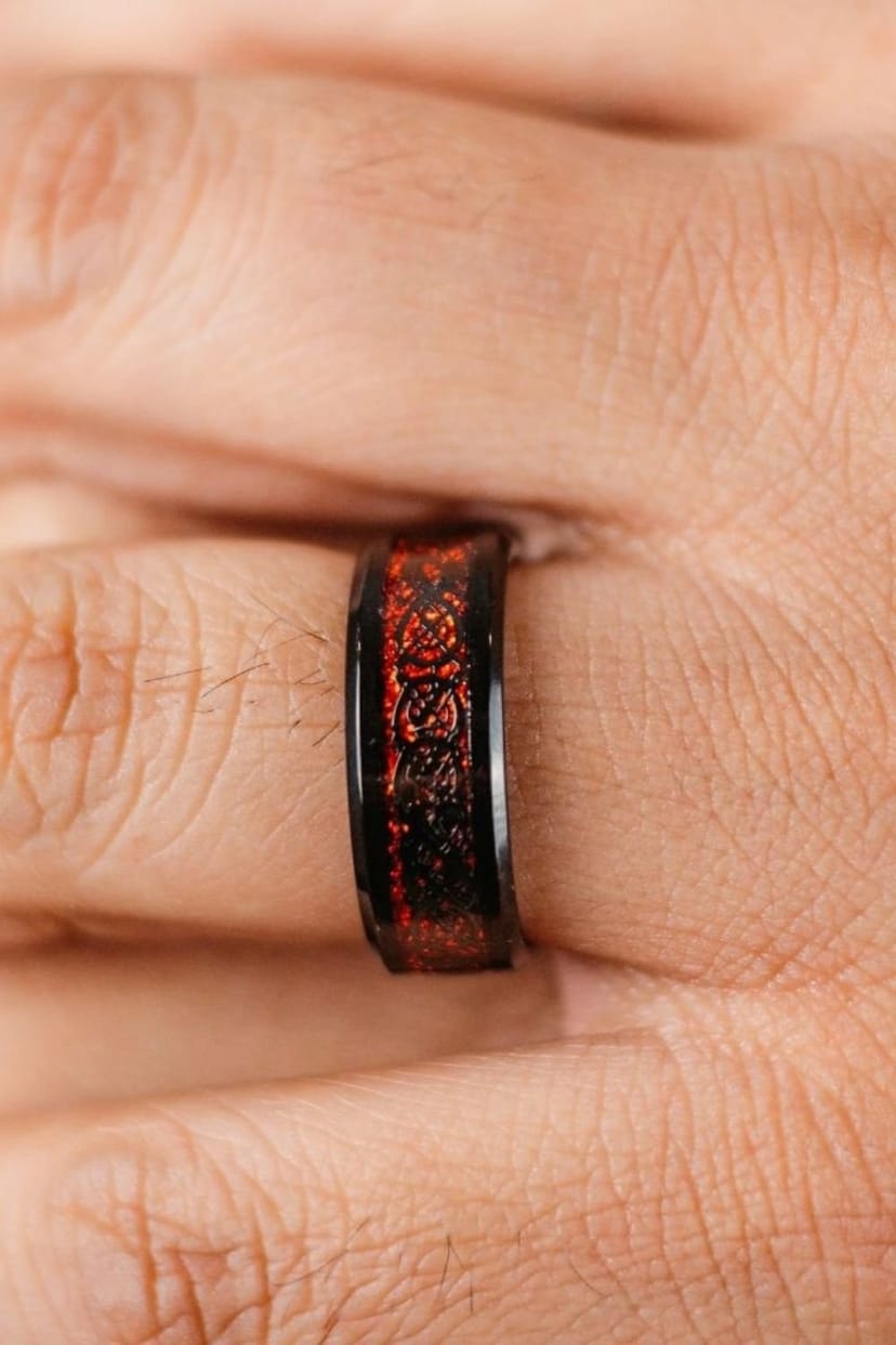 The Colourful Aura The Colourful Aura Men's Punk Tungsten Steel Black Carbon Fiber Wide Band Ring in Red - 1