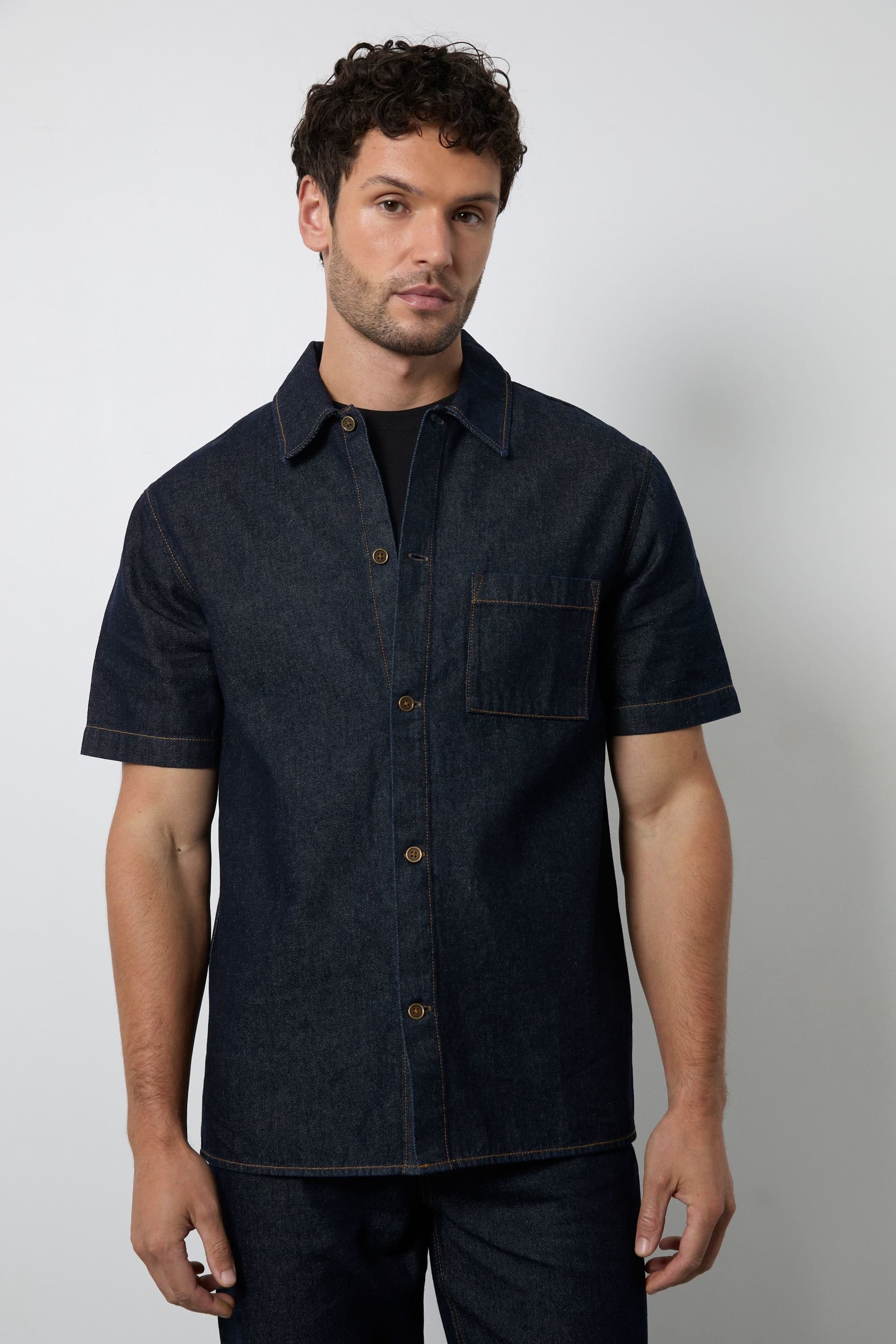 Burton Burton Men's Dark Blue Wash Raw Denim Short Sleeve Shirt