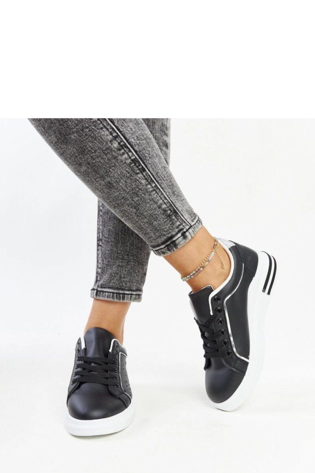 Love Lace Love Lace Women's Black Perforated Glitter Low Lace Up Sneakers Rubber Sole - 4