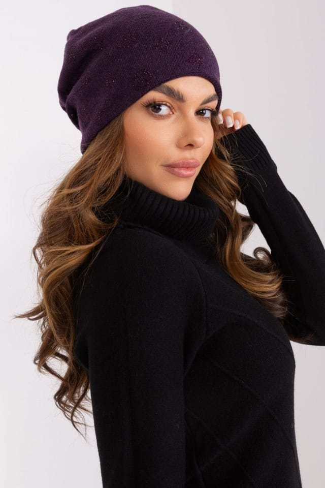 Love Lace Love Lace Women's Warm Winter Cashmere Beanie Hat with Rhinestone Decoration Violet - 2
