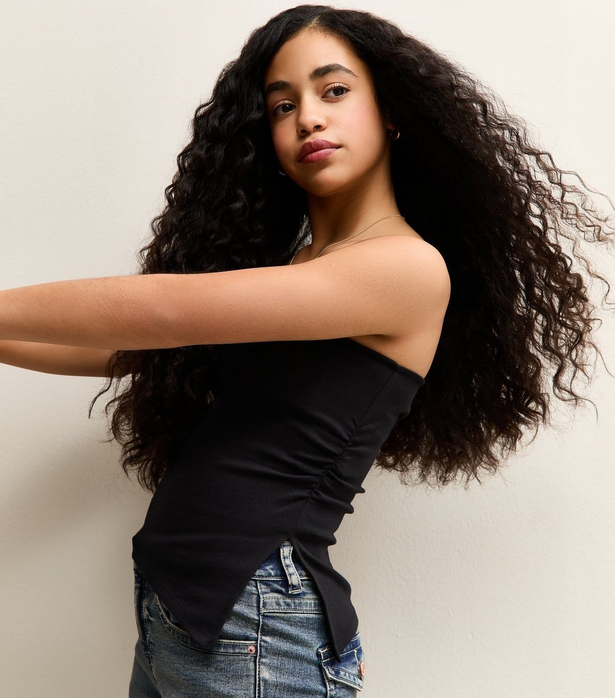 New Look Girls' Black Asymmetric Ruched Side Bandeau Top New Look - 1