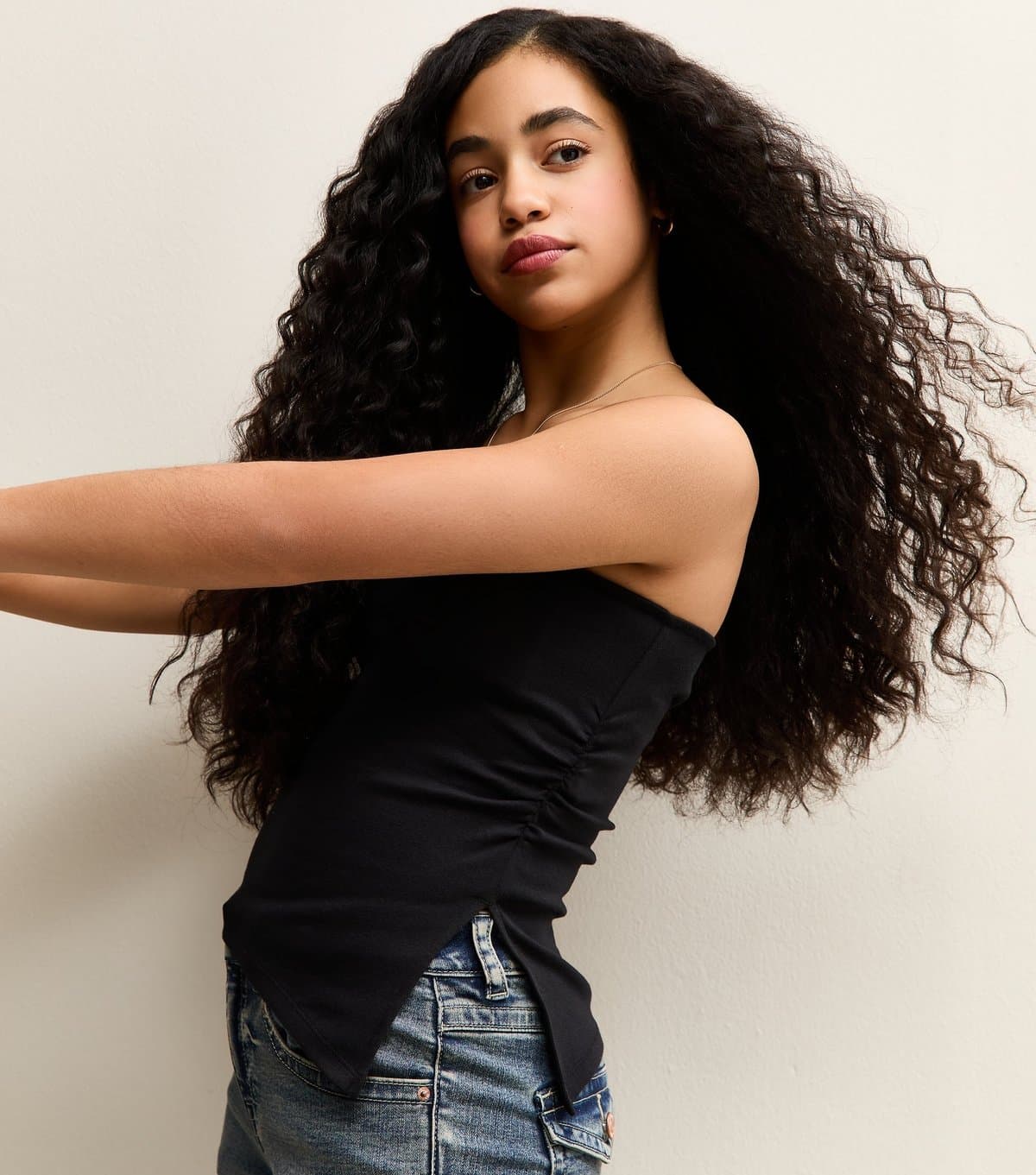 New Look Girls' Black Asymmetric Ruched Side Bandeau Top New Look