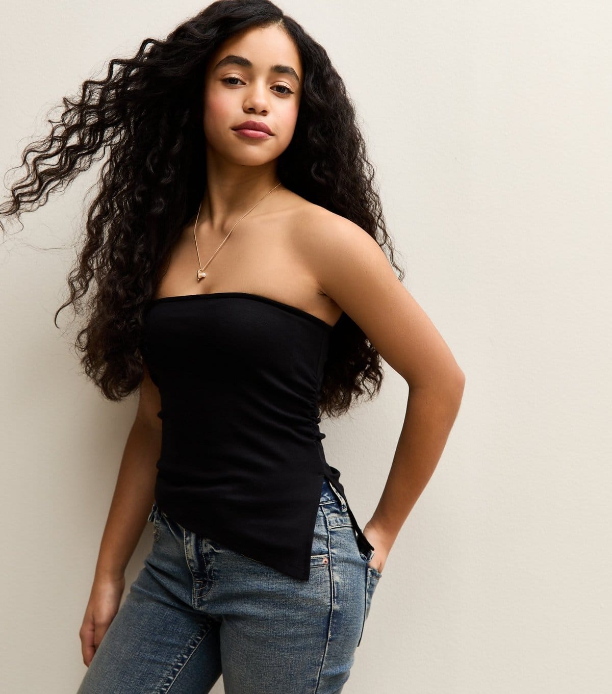 New Look Girls' Black Asymmetric Ruched Side Bandeau Top New Look - 2