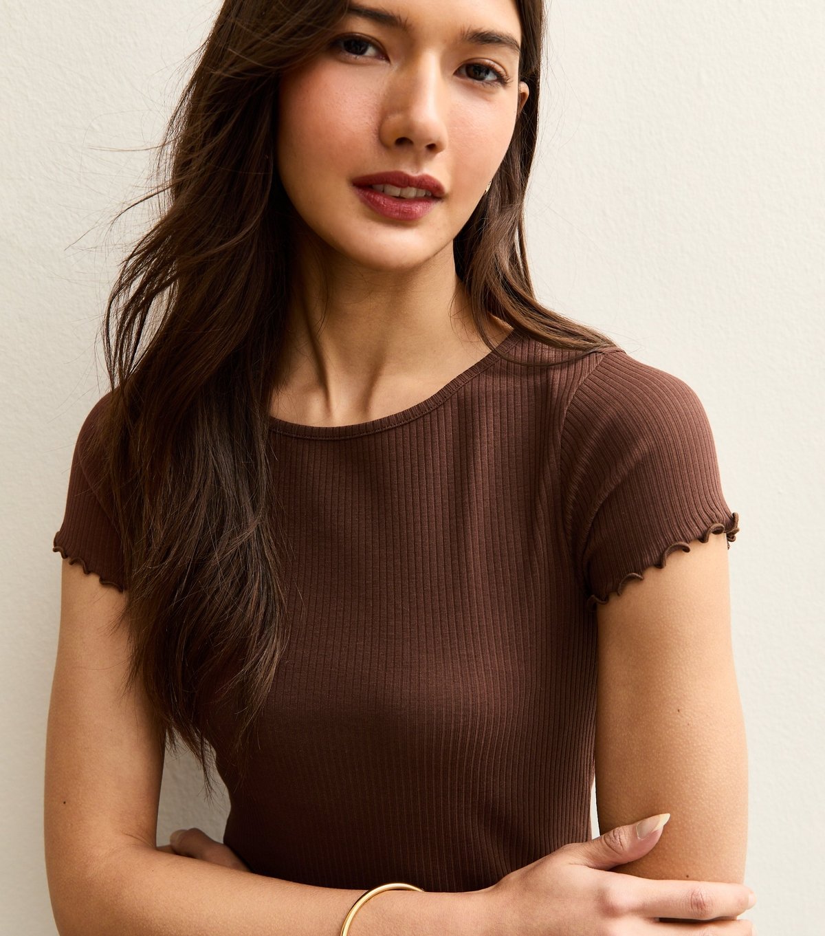 New Look Women's Dark Brown Short Sleeve Frilly Trimmed Top New Look - 2