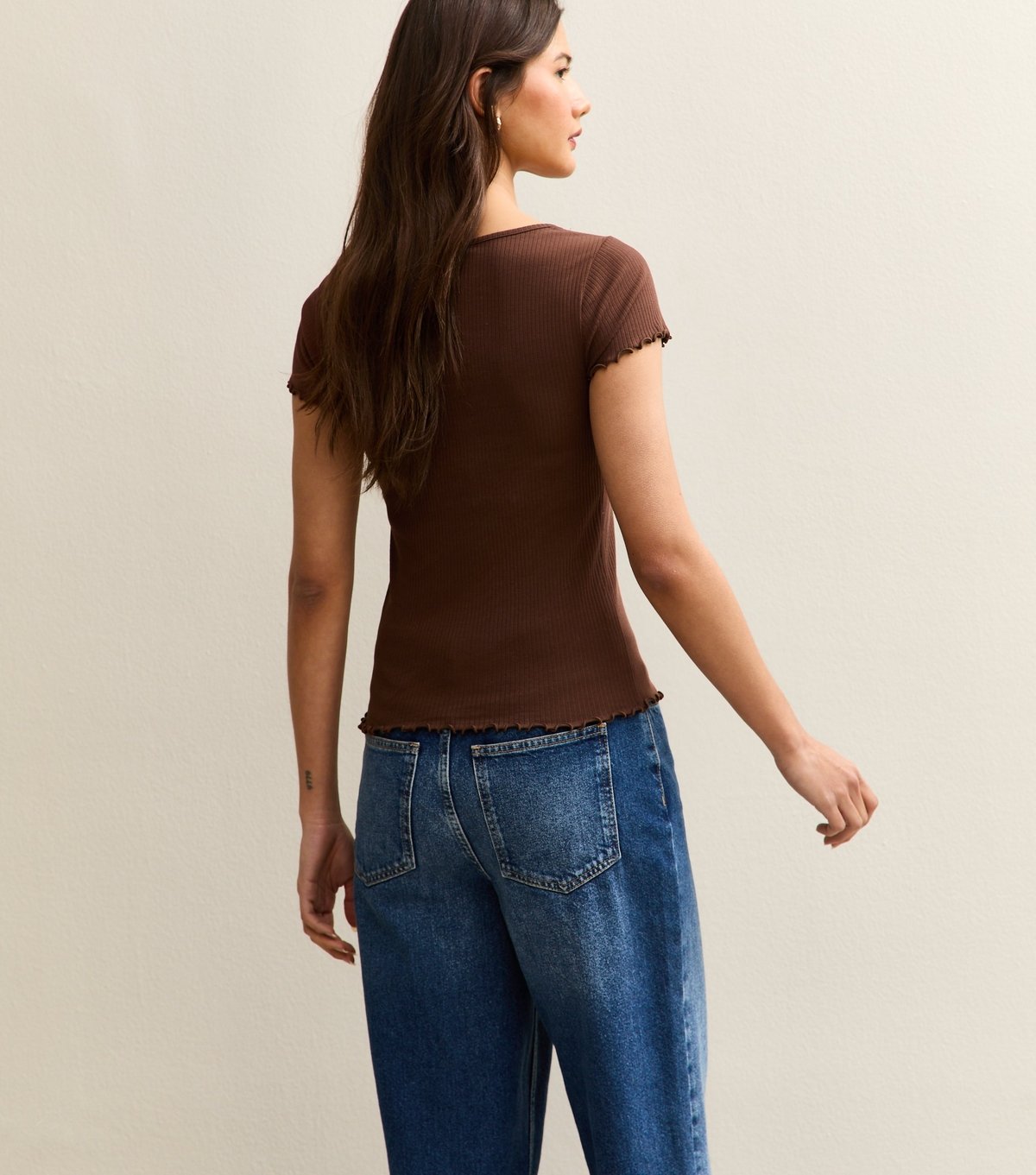 New Look Women's Dark Brown Short Sleeve Frilly Trimmed Top New Look - 4