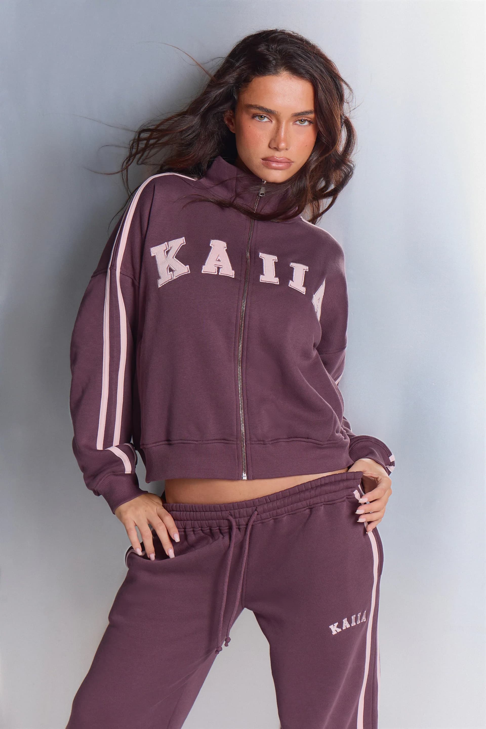 Kaiia Kaiia Sport Stripe Funnel Neck Zip Through Sweatshirt Huckleberry & Pink