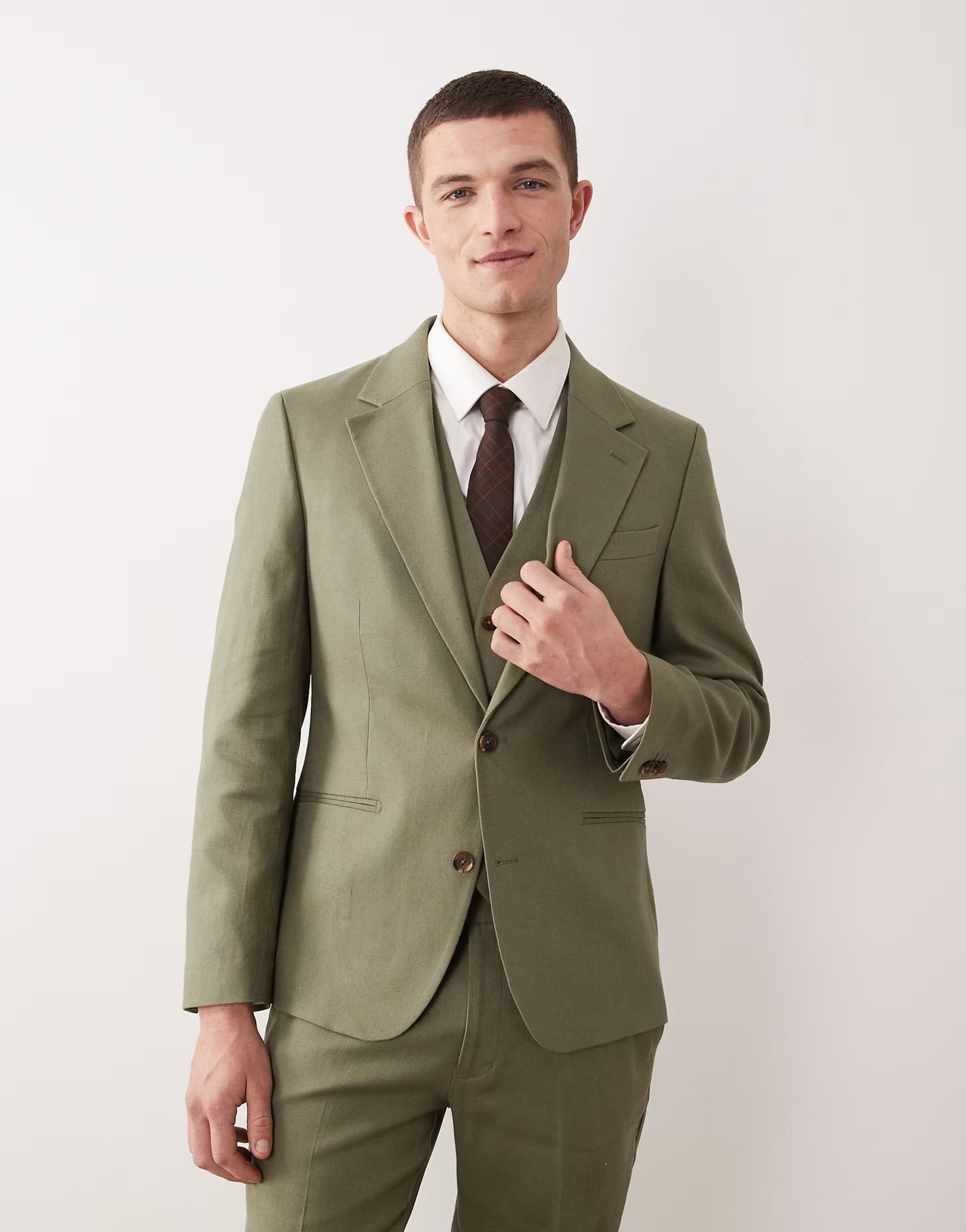 ASOS ASOS DESIGN skinny suit jacket in olive green linen rich