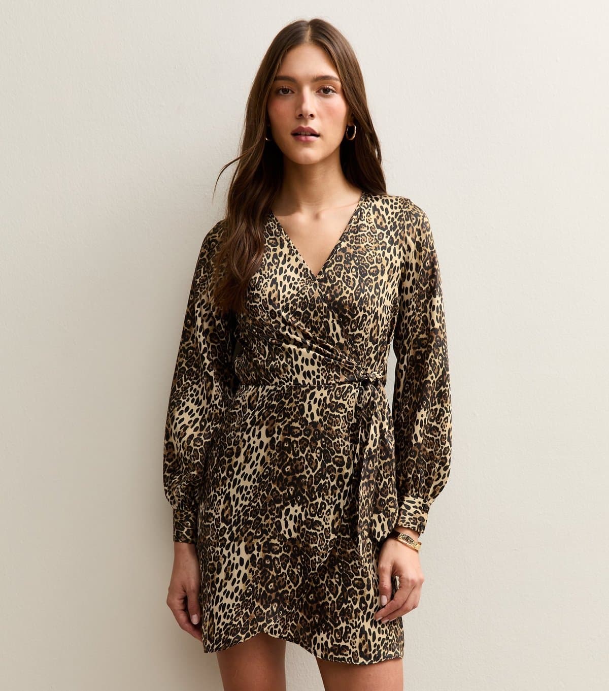 New Look Women's Brown Animal Print Satin Wrap Mini Dress New Look