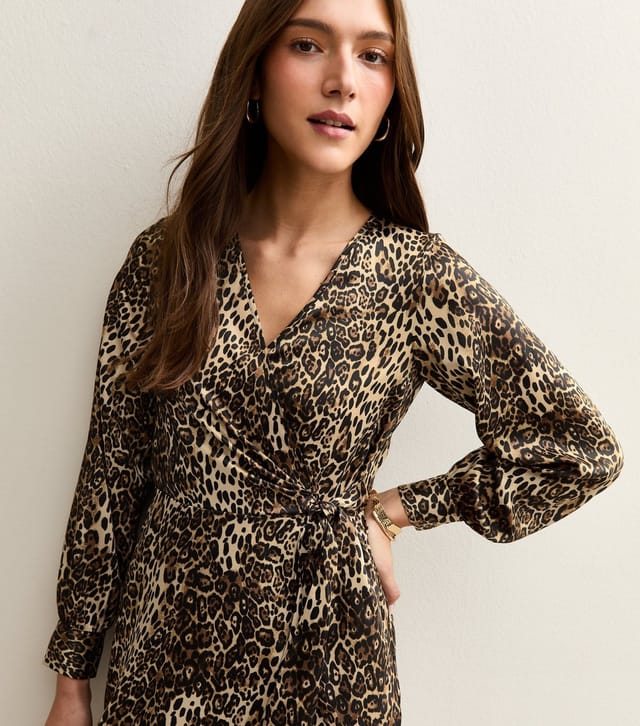 New Look Women's Brown Animal Print Satin Wrap Mini Dress New Look - 3