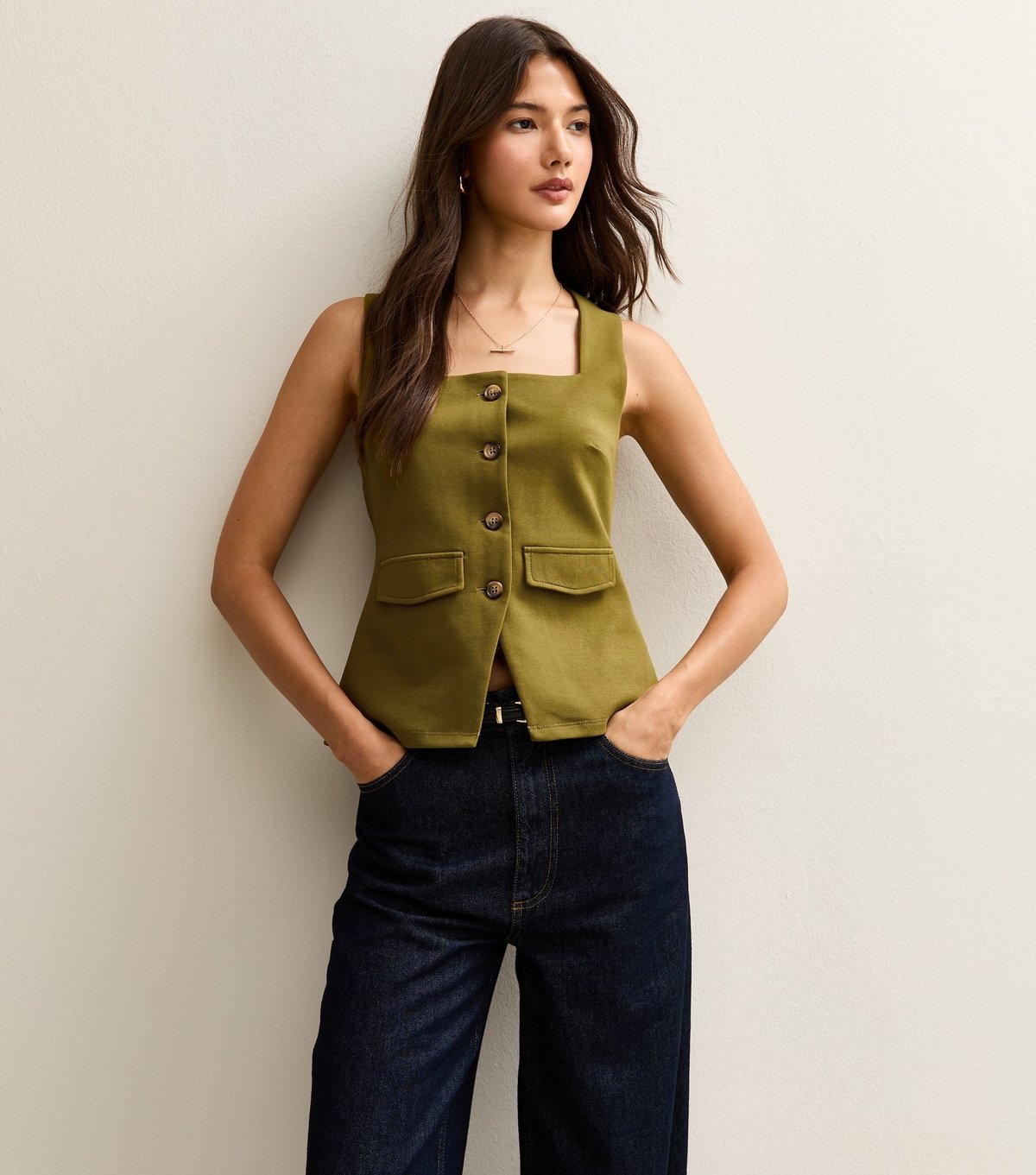 New Look Women's Green Square Neck Button Through Sleeveless Top New Look - 2