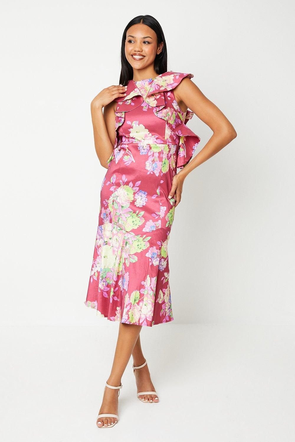 Coast Coast Women's Printed Ruffle Sleeve Midi Wedding Guest Dress in Red - 2