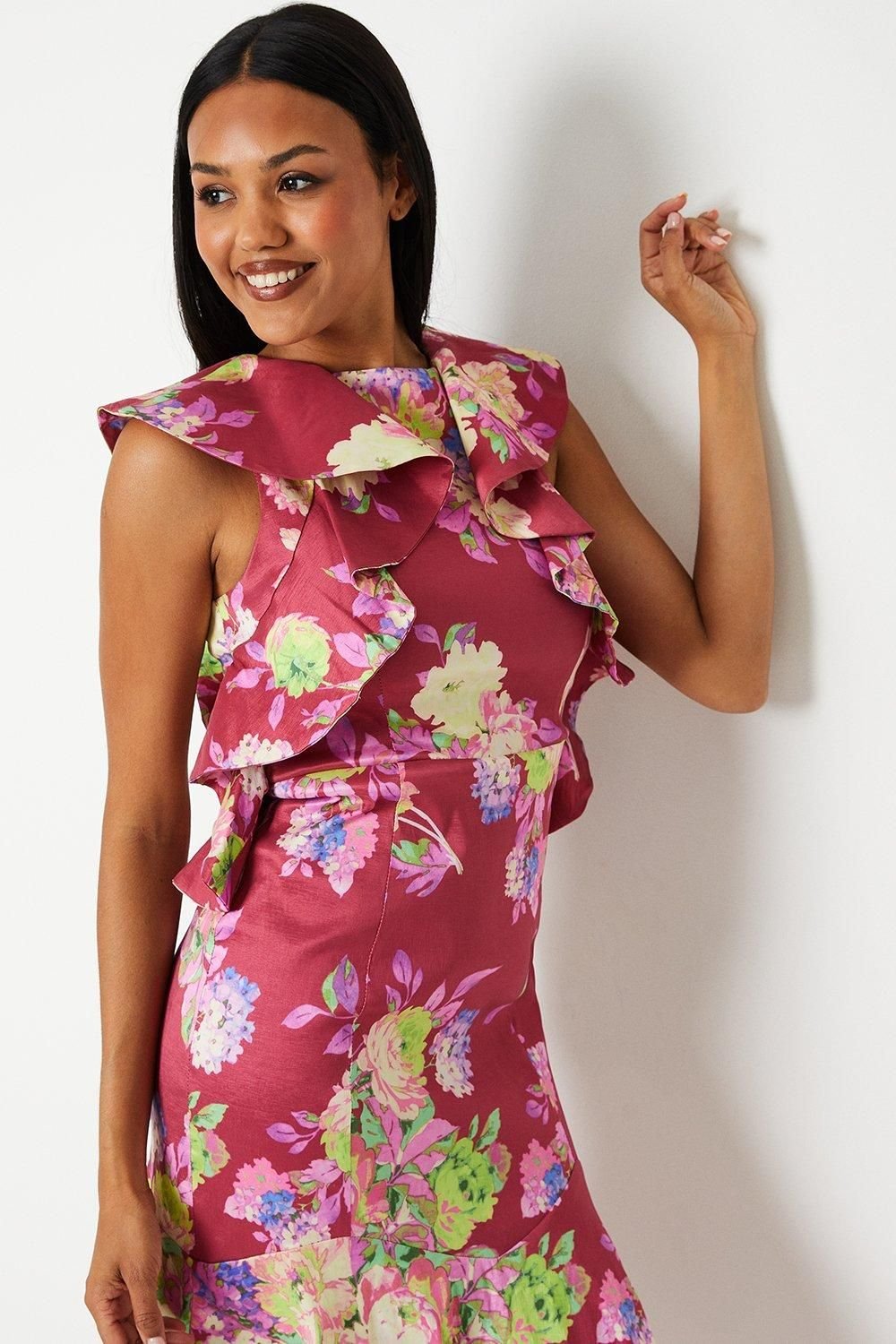 Coast Coast Women's Printed Ruffle Sleeve Midi Wedding Guest Dress in Red - 4