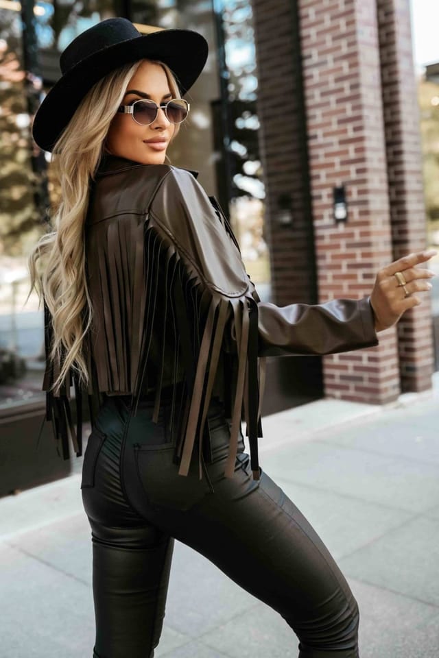 Love Lace Love Lace Women's Fringe Leather Rock Jacket Statement Style in Brown - 3