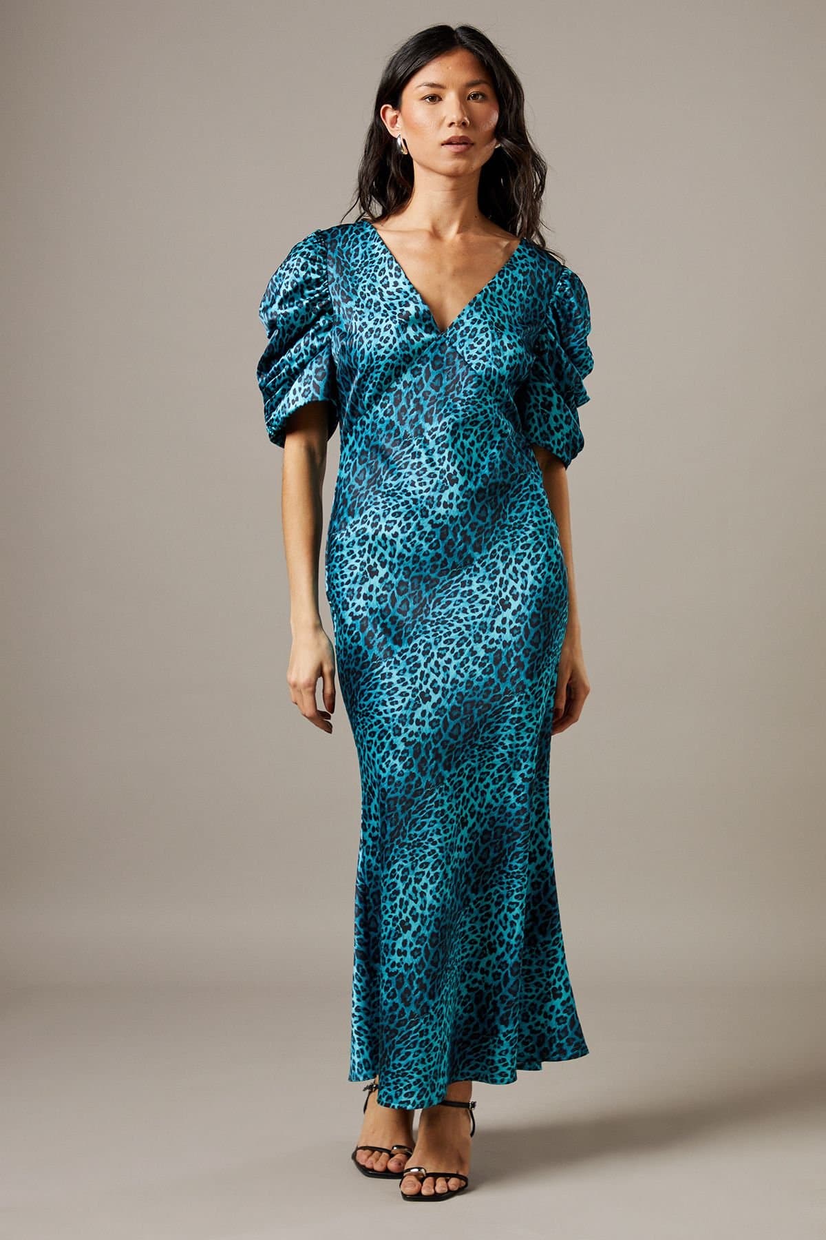 Warehouse Warehouse Women's Satin Pleat Volume Sleeve Plunge Bias Midi Dress in Animal