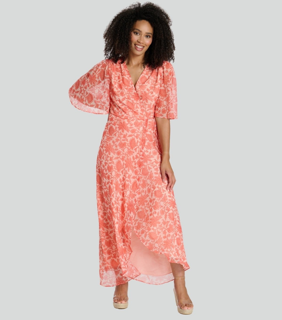 South Beach Coral Floral Print Wrap Midi Dress