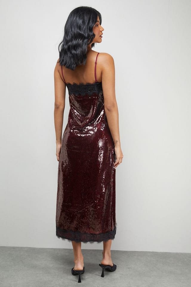 Warehouse Warehouse Women's Sequin Lace Trim Square Neck Midi Slip Dress in Dark Red - 3